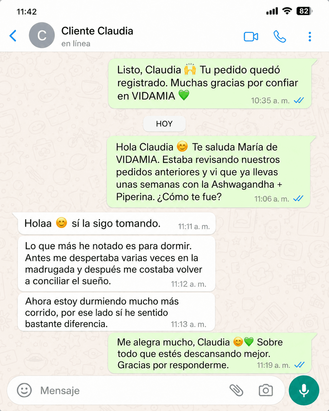 Mensaje de Claudia sobre el producto