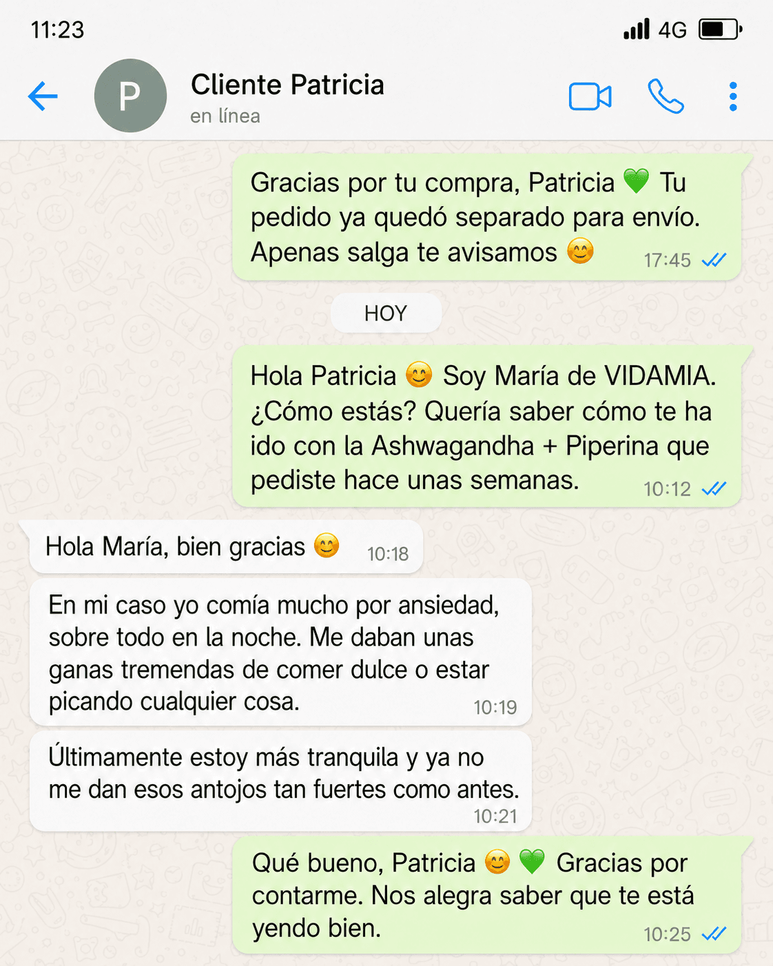 Mensaje de Patricia sobre el producto