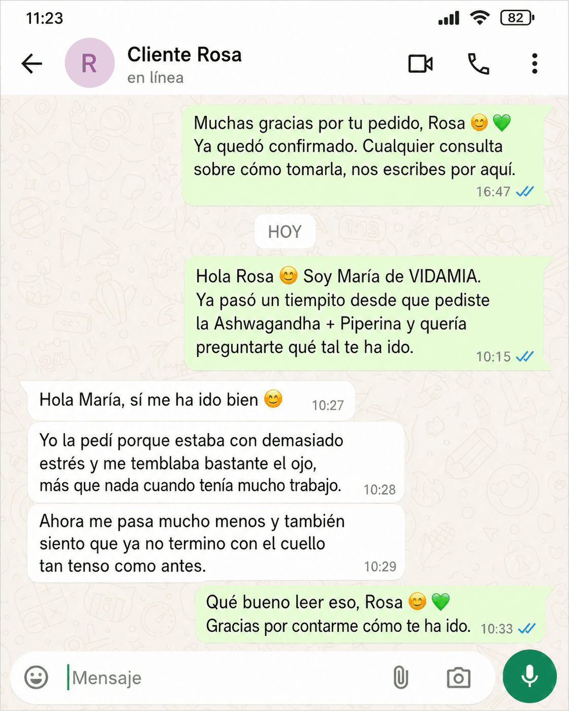 Mensaje de Rosa sobre el producto